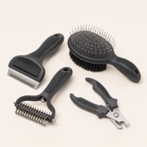 AccessPet CleanCoat four-piece pet grooming kit with a self-cleaning deshedding blade, double-sided brush, undercoat rake and nail clipper