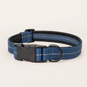 AccessPet Harbor reflective dog collar in slate blue nylon webbing with a matte black side-release buckle and welded steel D-ring