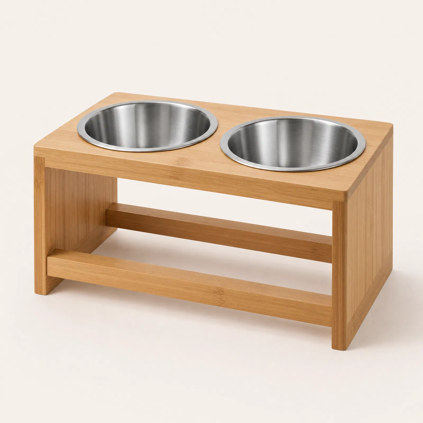 Terrace elevated bamboo feeding station with stainless bowls