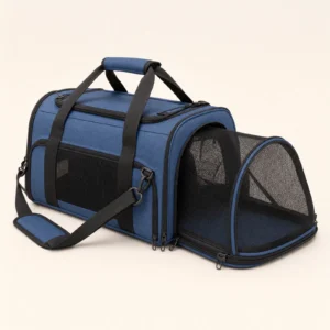 AccessPet Wander expandable soft-sided pet carrier in slate blue with mesh ventilation panels and one side expanded into an extension pod