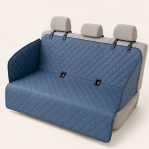 AccessPet Wander waterproof car back seat hammock for dogs in slate blue, installed across a rear bench with headrest straps